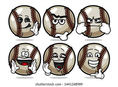 set of funny baseball Ball cartoon character Mascot with various face expression. Vector Illustration Isolated On White Background