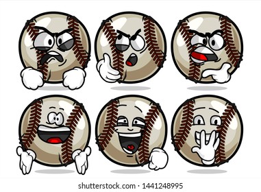 set of funny baseball Ball cartoon character Mascot with various face expression. Vector Illustration Isolated On White Background