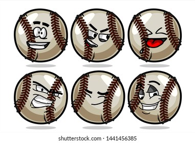 set of funny baseball Ball cartoon character Mascot with various face expression. Vector Illustration Isolated On White Background