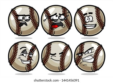 set of funny baseball Ball cartoon character Mascot with various face expression. Vector Illustration Isolated On White Background