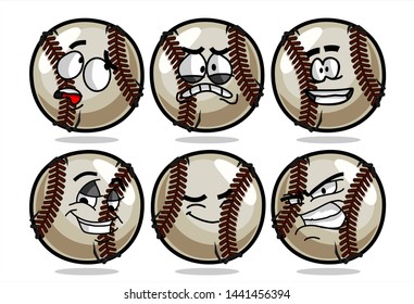 set of funny baseball Ball cartoon character Mascot with various face expression. Vector Illustration Isolated On White Background
