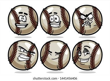 set of funny baseball Ball cartoon character Mascot with various face expression. Vector Illustration Isolated On White Background