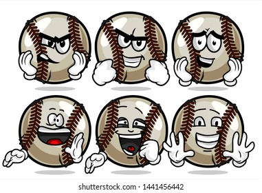 set of funny baseball Ball cartoon character Mascot with various face expression. Vector Illustration Isolated On White Background