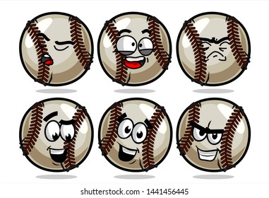 set of funny baseball Ball cartoon character Mascot with various face expression. Vector Illustration Isolated On White Background