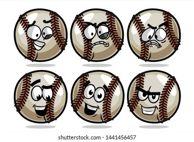 set of funny baseball Ball cartoon character Mascot with various face expression. Vector Illustration Isolated On White Background