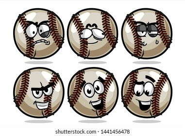 set of funny baseball Ball cartoon character Mascot with various face expression. Vector Illustration Isolated On White Background