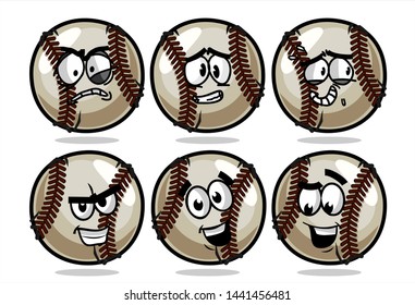 set of funny baseball Ball cartoon character Mascot with various face expression. Vector Illustration Isolated On White Background
