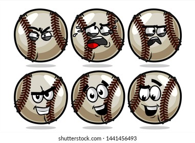 set of funny baseball Ball cartoon character Mascot with various face expression. Vector Illustration Isolated On White Background