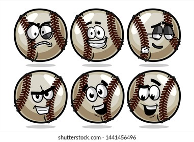set of funny baseball Ball cartoon character Mascot with various face expression. Vector Illustration Isolated On White Background