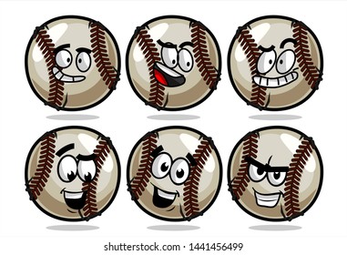 set of funny baseball Ball cartoon character Mascot with various face expression. Vector Illustration Isolated On White Background