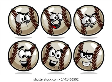 set of funny baseball Ball cartoon character Mascot with various face expression. Vector Illustration Isolated On White Background