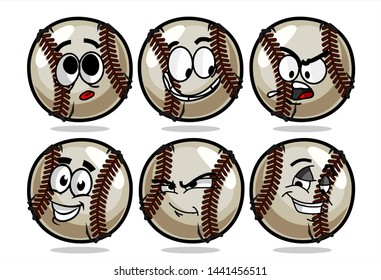 set of funny baseball Ball cartoon character Mascot with various face expression. Vector Illustration Isolated On White Background