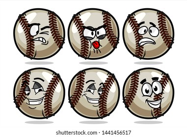 set of funny baseball Ball cartoon character Mascot with various face expression. Vector Illustration Isolated On White Background