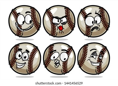 set of funny baseball Ball cartoon character Mascot with various face expression. Vector Illustration Isolated On White Background