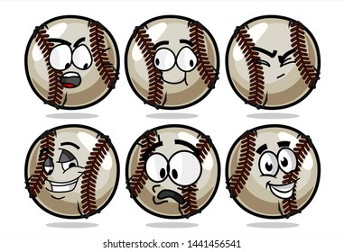 set of funny baseball Ball cartoon character Mascot with various face expression. Vector Illustration Isolated On White Background