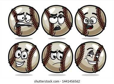 set of funny baseball Ball cartoon character Mascot with various face expression. Vector Illustration Isolated On White Background