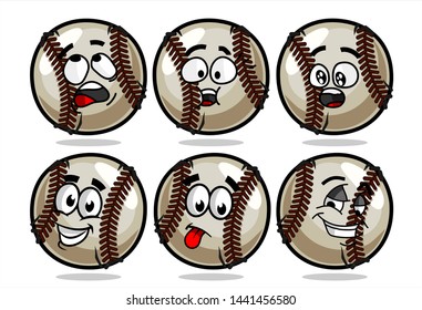 set of funny baseball Ball cartoon character Mascot with various face expression. Vector Illustration Isolated On White Background
