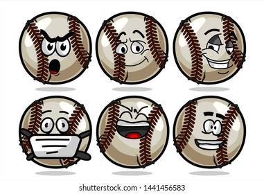 set of funny baseball Ball cartoon character Mascot with various face expression. Vector Illustration Isolated On White Background