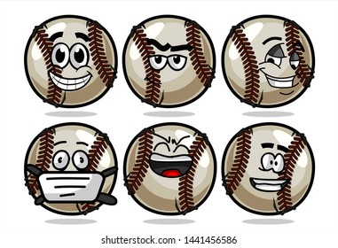 set of funny baseball Ball cartoon character Mascot with various face expression. Vector Illustration Isolated On White Background