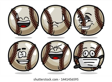 set of funny baseball Ball cartoon character Mascot with various face expression. Vector Illustration Isolated On White Background