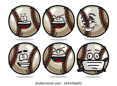 set of funny baseball Ball cartoon character Mascot with various face expression. Vector Illustration Isolated On White Background