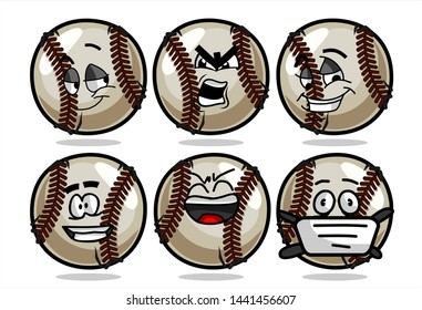 set of funny baseball Ball cartoon character Mascot with various face expression. Vector Illustration Isolated On White Background