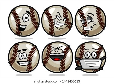 set of funny baseball Ball cartoon character Mascot with various face expression. Vector Illustration Isolated On White Background