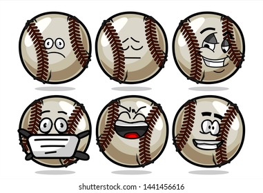 set of funny baseball Ball cartoon character Mascot with various face expression. Vector Illustration Isolated On White Background