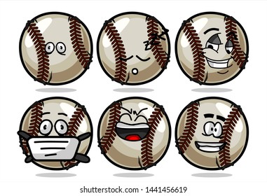 set of funny baseball Ball cartoon character Mascot with various face expression. Vector Illustration Isolated On White Background