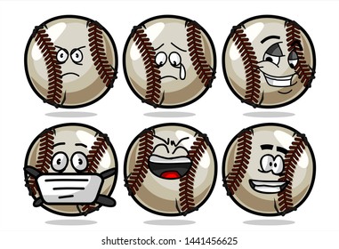 set of funny baseball Ball cartoon character Mascot with various face expression. Vector Illustration Isolated On White Background