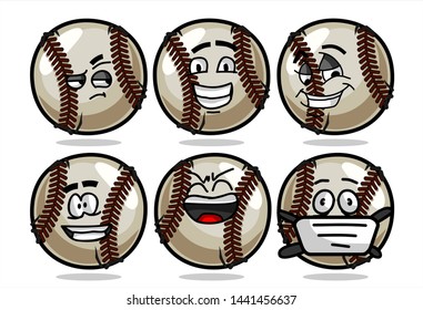 set of funny baseball Ball cartoon character Mascot with various face expression. Vector Illustration Isolated On White Background