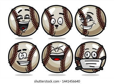 set of funny baseball Ball cartoon character Mascot with various face expression. Vector Illustration Isolated On White Background