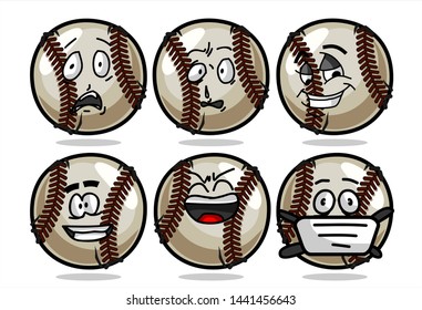 set of funny baseball Ball cartoon character Mascot with various face expression. Vector Illustration Isolated On White Background