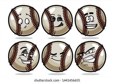 set of funny baseball Ball cartoon character Mascot with various face expression. Vector Illustration Isolated On White Background
