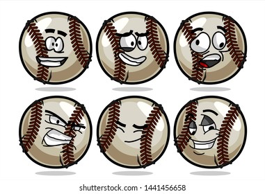 set of funny baseball Ball cartoon character Mascot with various face expression. Vector Illustration Isolated On White Background