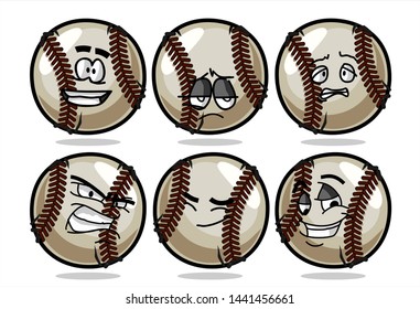 set of funny baseball Ball cartoon character Mascot with various face expression. Vector Illustration Isolated On White Background