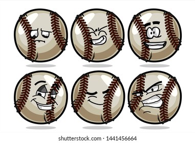 set of funny baseball Ball cartoon character Mascot with various face expression. Vector Illustration Isolated On White Background