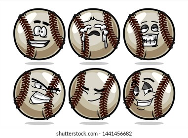 set of funny baseball Ball cartoon character Mascot with various face expression. Vector Illustration Isolated On White Background
