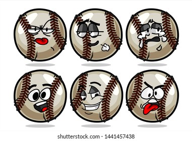 set of funny baseball Ball cartoon character Mascot with various face expression. Vector Illustration Isolated On White Background