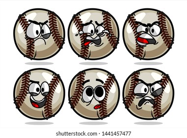 set of funny baseball Ball cartoon character Mascot with various face expression. Vector Illustration Isolated On White Background