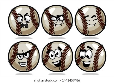 set of funny baseball Ball cartoon character Mascot with various face expression. Vector Illustration Isolated On White Background