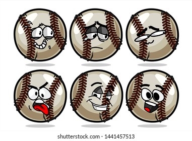 set of funny baseball Ball cartoon character Mascot with various face expression. Vector Illustration Isolated On White Background