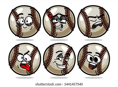 set of funny baseball Ball cartoon character Mascot with various face expression. Vector Illustration Isolated On White Background