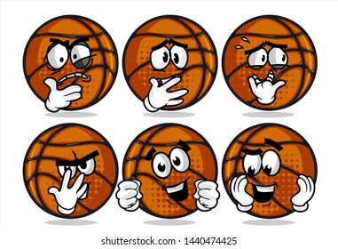 set of funny basketball Ball cartoon character Mascot with various face expression. Vector Illustration Isolated On White Background