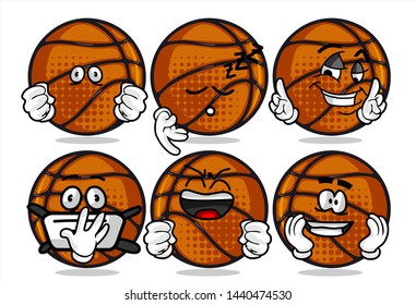 set of funny basketball Ball cartoon character Mascot with various face expression. Vector Illustration Isolated On White Background