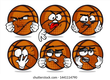 set of funny basketball Ball cartoon character Mascot with various face expression. Vector Illustration Isolated On White Background