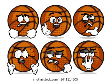 set of funny basketball Ball cartoon character Mascot with various face expression. Vector Illustration Isolated On White Background