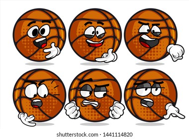 set of funny basketball Ball cartoon character Mascot with various face expression. Vector Illustration Isolated On White Background