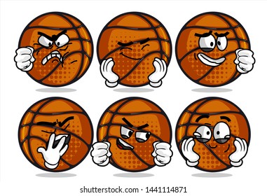 set of funny basketball Ball cartoon character Mascot with various face expression. Vector Illustration Isolated On White Background