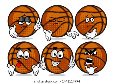 set of funny basketball Ball cartoon character Mascot with various face expression. Vector Illustration Isolated On White Background